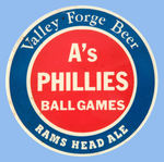 SPONSOR'S PROMOTIONAL BUTTON FROM CIRCA 1950 FOR "A'S/PHILLIES/BALL GAMES."