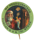 EARLY BUTTON DEPICTS CHILDREN SPYING ON SANTA AS HE HANGS STOCKINGS.