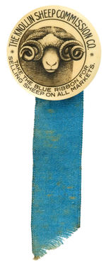 RARE "SHEEP COMMISSION CO." BUTTON WITH BLUE RIBBON FROM HAKE COLLECTION & CPB.