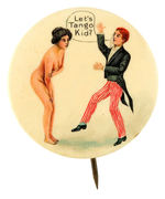 CLOTHED GENT APPROACHES NUDE WOMAN WITH CARTOON BALLOON "LET'S TANGO KID?" FROM HAKE COLLECTION.