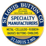 “ST. LOUIS BUTTON CO.” STRIKING AND LARGE ADVERTISING PAPERWEIGHT MIRROR.