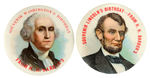 WASHINGTON AND LINCOLN MATCHED PAIR OF CHOICE COLOR EARLY 1900s BIRTHDAY BUTTONS.