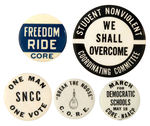 FIVE SCARCE 1960s CIVIL RIGHTS BUTTONS.