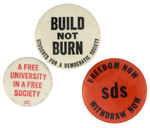 STUDENTS FOR A DEMOCRATIC SOCIETY TRIO OF 1960s BUTTONS.