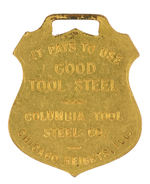 BEAUTIFUL ENAMEL ON BRASS SHIELD-SHAPED WATCH FOB ADVERTISING “COLUMBIA TOOL STEEL CO.”