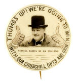 OUTSTANDING WINSTON CHURCHILL REAL PHOTO BUTTON WITH ILLUSTRATED HUGE HANDS "THUMBS UP!"