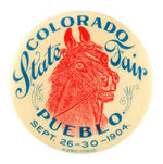 "COLORADO STATE FAIR" 1904 BUTTON PICTURING CRAZED HORSE FROM HAKE COLLECTION.