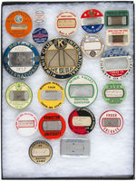 33 CONVENTION OR EMPLOYEE BUTTONS INCLUDING RARE NEW YORK WORLD'S FAIR AND 1933 CHICAGO.