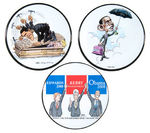 THREE OBAMA LIMITED EDITION 2008 CARTOON BUTTONS FEATURING IMAGES BY NATIONALLY KNOWN ARTISTS.