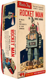 "ROCKET MAN IN SPACE ARMOR" BOXED BATTERY-OPERATED ASTRONAUT ROBOT.