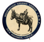 LODGE BUTTON FROM 1902 SHOWING "COLORADO CANARY" A DONKEY LADEN WITH MINER'S EQUIPMENT.