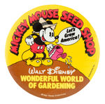 "MICKEY MOUSE SEED SHOP" BEAUTIFUL 1976 BUTTON USING 1930s GRAPHICS.