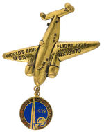 NYWF 1939 BRASS AND ENAMEL PIN COMMEMORATES HOWARD HUGHES 1938 GLOBAL FLIGHT.