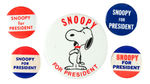 "SNOOPY FOR PRESIDENT" SCARCE LARGE PICTURE BUTTON PLUS 4 SLOGANS.