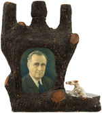 FRANKLIN ROOSEVELT STANDING CARICATURE AND TREE SHAPED LIQUOR BOTTLE.