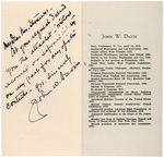 1920 HAND SIGNED AND INSCRIBED JOHN W. DAVIS CAMPAIGN BOOKLET "A GREAT DEMOCRAT".