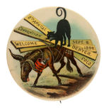 STRIKING 1899 DENVER CONVENTION BUTTON FEATURING BLACK CAT RIDING A DONKEY.