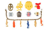 FOOD PRODUCTS EIGHT ADVERTISING RINGS PLUS MR. PEANUT CHARM BRACELET CIRCA 1940.