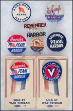 "REMEMBER PEARL HARBOR" SIX BUTTONS, "AVENGE MANILA" BUTTON, "V FOR VICTORY" CARDED BUTTON.