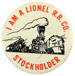 LIONEL TRAINS “STOCK HOLDER” BUTTON AND PAIR OF CERTIFICATES ONE FICTIONAL AND ONE FOR STOCK.