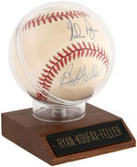 BASEBALL HALL OF FAME PITCHERS TRIPLE-SIGNED BALL DISPLAY.