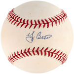 YOGI BERRA & CATFISH HUNTER SIGNED BASEBALL PAIR.