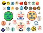 EXTENSIVE COLLECTION OF VIETNAM ERA "DRAFT BEER" & "STOP THE DRAFT" BUTTONS.