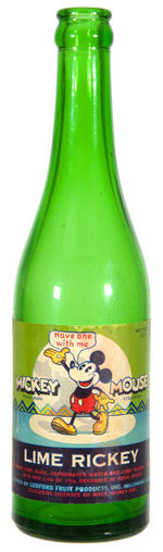 “MICKEY MOUSE LIME RICKEY” RARE SODA BOTTLE WITH LABEL.