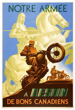 WWII FRENCH CANADIAN POSTER WITH SOLDIERS ON MOTORCYCLES.