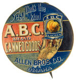 GRAPHIC “A.B.C. CANNED GOODS” BUTTON FROM HAKE COLLECTION AND CPB.