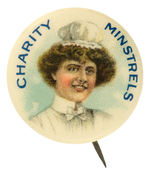 YOUNG WOMAN IN CHOICE COLOR PROMOTES “CHARITY MINSTRELS” FROM HAKE COLLECTION.