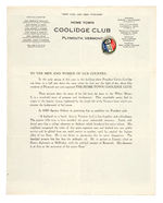 "HOMETOWN COOLIDGE CLUB PLYMOUTH, VERMONT" BUTTON AND CHARTER MEMBERSHIP FORM.