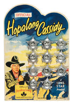 HOPALONG CASSIDY ENGLISH BADGES ON DIE-CUT DISPLAY CARD.