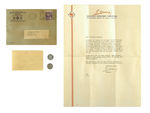 TOM MIX/RALSTON STRAIGHT SHOOTERS PREMIUM REFUND LETTER W/ENVELOPE AND COINS.