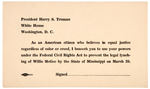 POSTCARD TO TRUMAN PROTESTING "LEGAL LYNCHING OF WILLIE McGEE."