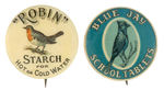 PAIR OF HAKE COLLECTION EARLY ADVERTISING BUTTONS FOR PRODUCTS NAMED AFTER BIRDS.