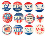 WORLD WAR II TWELVE VICTORY BUTTONS MOST FOR V-J DAY AND V-E DAY.