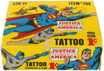 "JUSTICE LEAGUE OF AMERICA TATTOO GUM" FLEER LOT INCLUDING DISPLAY BOX.