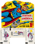 "JUSTICE LEAGUE OF AMERICA TATTOO GUM" FLEER LOT INCLUDING DISPLAY BOX.