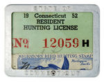 "CONNECTICUT 1952 RESIDENT HUNTING LICENSE" WITH SIGNED $2 STAMP.