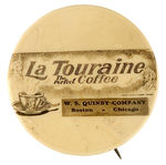 QUINBY 1910 COFFEE BUTTON SHOWS STEAMING CUP AND TWO SHIEKS.