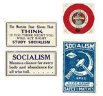 THREE SOCIALISM EARLY STAMPS AND 1914 OKLAHOMA BUTTON PAPER.