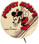 “MICKEY MOUSE” ON SKIS LITHO BUTTON COMPLETE WITH RARE BACK PAPER.