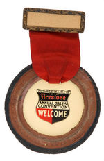 "FIRESTONE 1916 ANNUAL SALES CONVENTION" BADGE & MINIATURE RUBBER TIRE SURROUNDING CELLO CENTER.