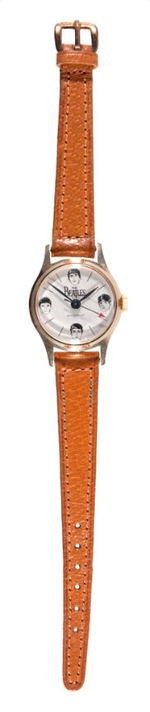 "THE BEATLES" BROWN BAND VARIETY WRISTWATCH BY BRADLEY IN ORIGINAL GIFT BOX.