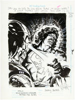 "DC OVER POWER CARD GAME" ORIGINAL ART FOR CARD FEATURING SUPERMAN VS. METALLO.