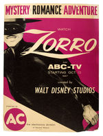 “WATCH ZORRO OVER ABC-TV” 1957 ANNOUNCEMENT POSTER.