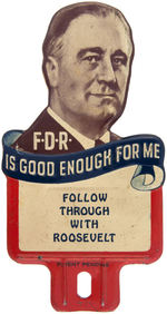 "FDR IS GOOD ENOUGH FOR ME" FIGURAL DIE CUT ROOSEVELT LICENSE PLATE.