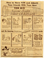 TOM MIX GOLDEN-PLASTIC BULLET TELESCOPE COMPLETE WITH MAGIC-TONE BIRDCALL AND PACKAGING.