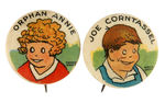 "ORPHAN ANNIE" AND "JOE CORNTASSEL" SET OF OVALTINE VOTER'S SCARCE PREMIUM EARLY BUTTONS.